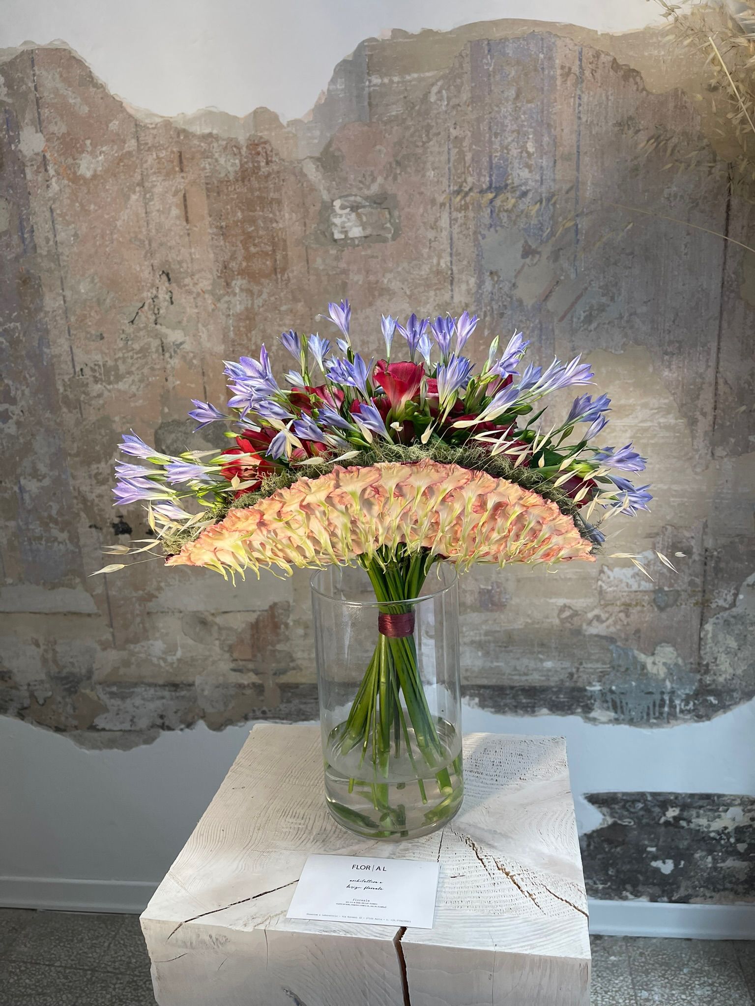 Bouquet di agapanthus davanti a una parete materica